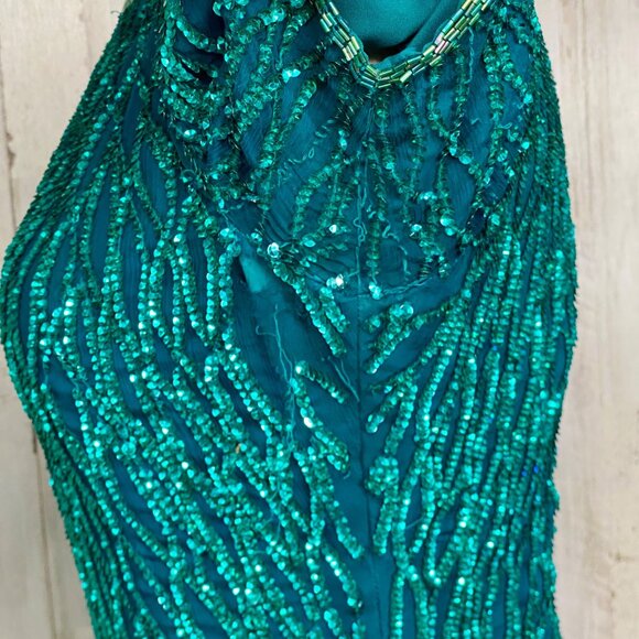 Laurence Kazar Teal Silk Sequin Short Sleeve Column Dress 80s Vintage Sz S FLAW - Picture 9 of 15